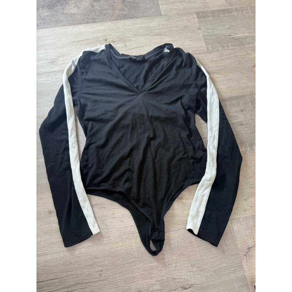 Theory Deep‎ V Wool Knit Bodysuit - Black & White
